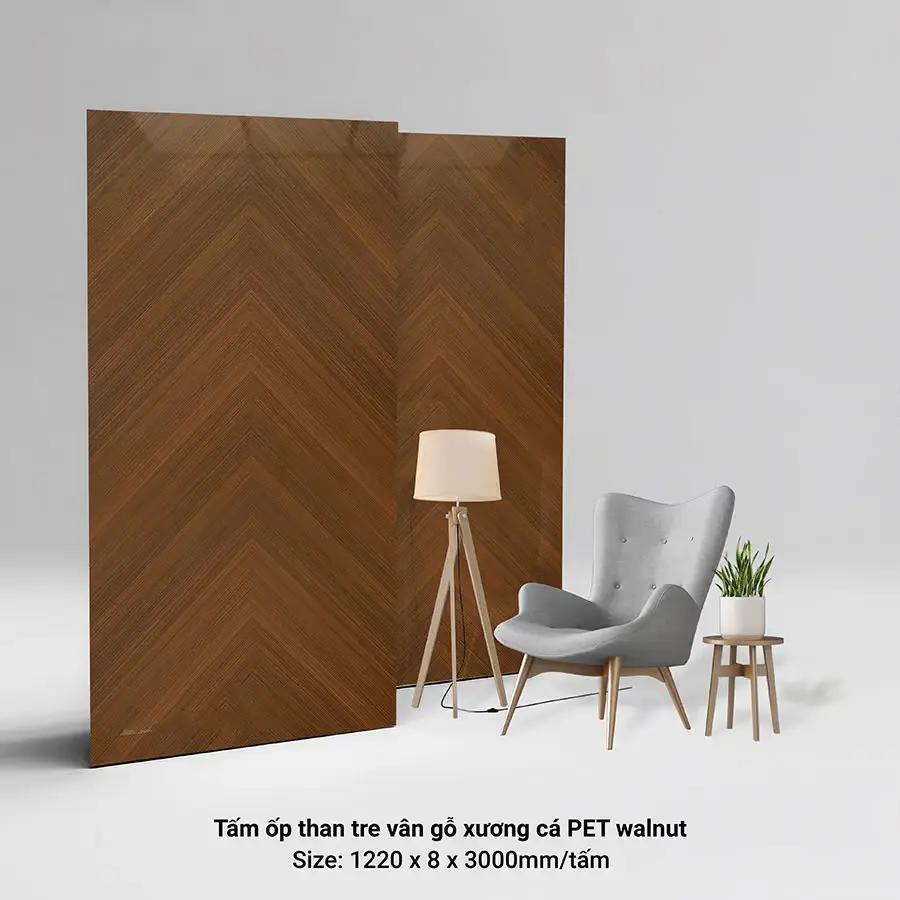 Tấm ốp vân gỗ xương cá PET màu nâu
